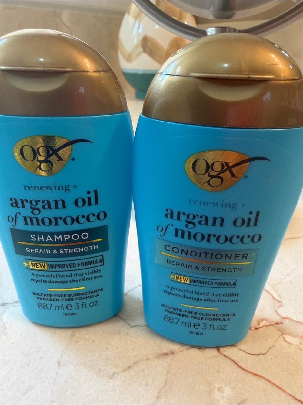 OGX Renewing+ Argan Oil of Morocco Shampoo & Conditioner Set - Blue. Travel size